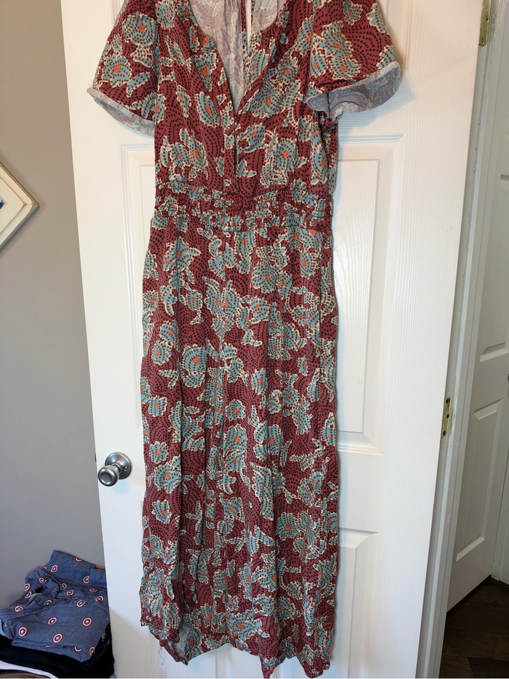 Women's Anthropologie somerset jumpsuit burgundy and teal floral pattern